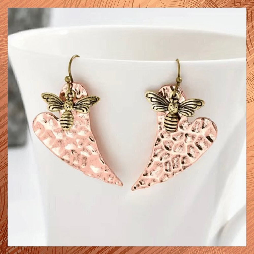Boho Layered Heart and Bee Earrings - Multicolor Metal Hammered Copper #1110